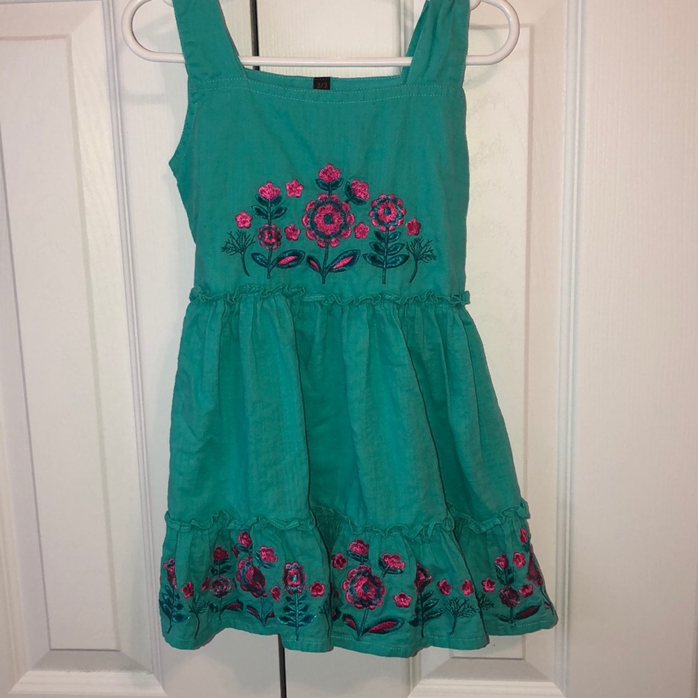 Toddler girl green dress with pink flowers